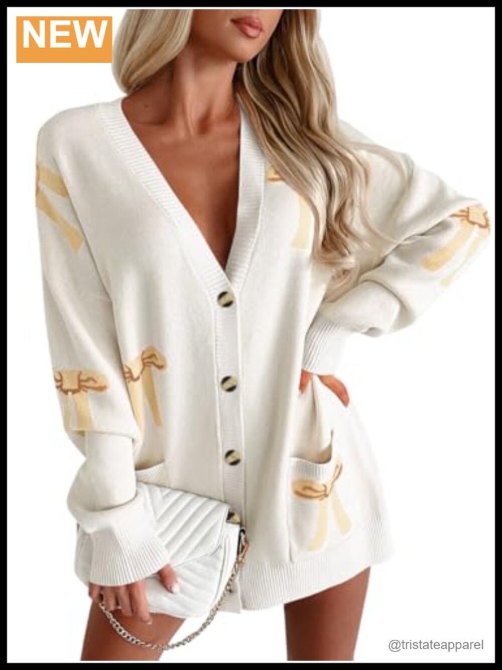 Oversized Bow Knit Cardigan Women Chunky V-Neck Long Sleeve Loose Fall